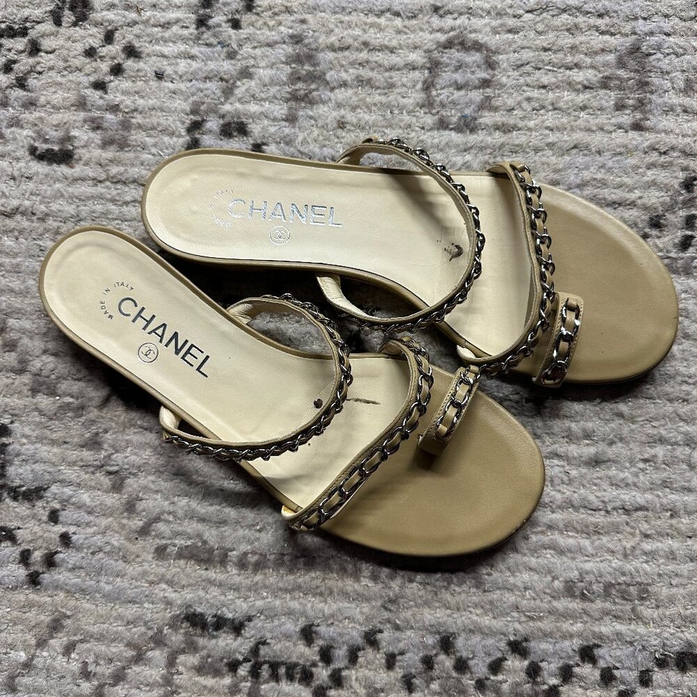 Chanel Beige Leather Silver Chain Strappy Sandals